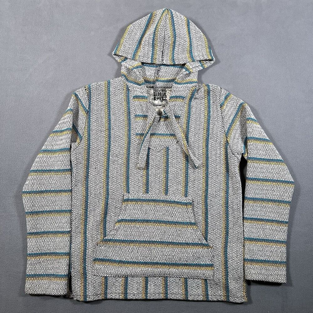 Original Senor Lopez Baja Hoodie‎ Medium Gray Blue Yellow Striped Surf Skate
